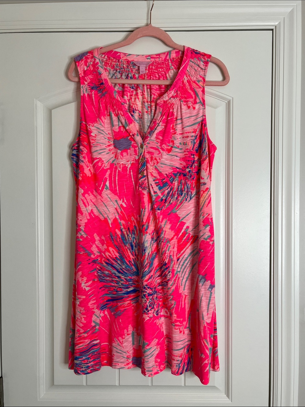 Lilly Pulitzer-“Essie” Sleeveless Mini Dress in Bright Pink Floral-Print-Large